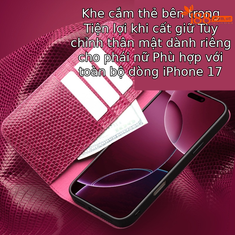 Ốp lưng da thật Qiali cho iPhone 17 Pro Max dạng flip chống rơi, bảo vệ thẻ — iPhone17 cá sấu không khí hoa hồng đỏ