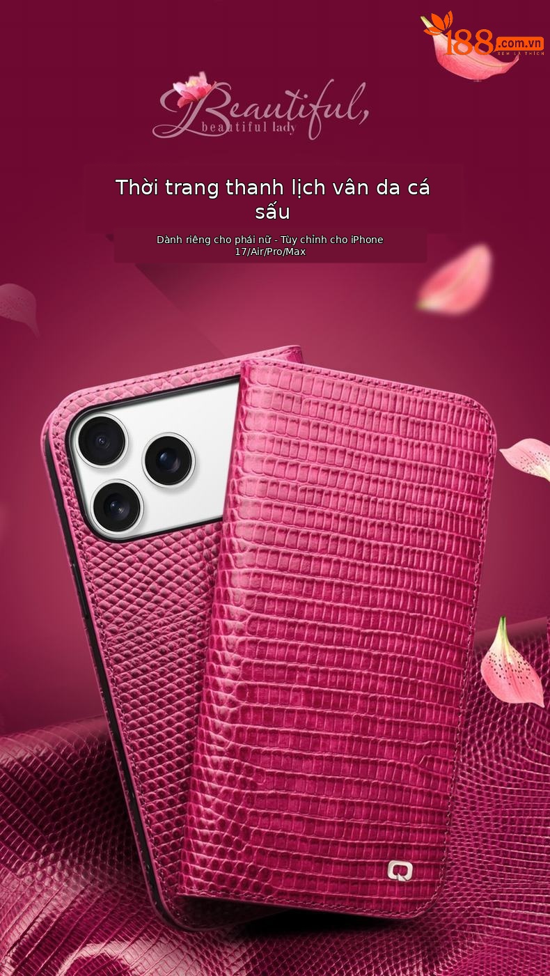 Ốp lưng da thật Qiali cho iPhone 17 Pro Max dạng flip chống rơi, bảo vệ thẻ — iPhone17 cá sấu không khí hoa hồng đỏ chi tiết 1