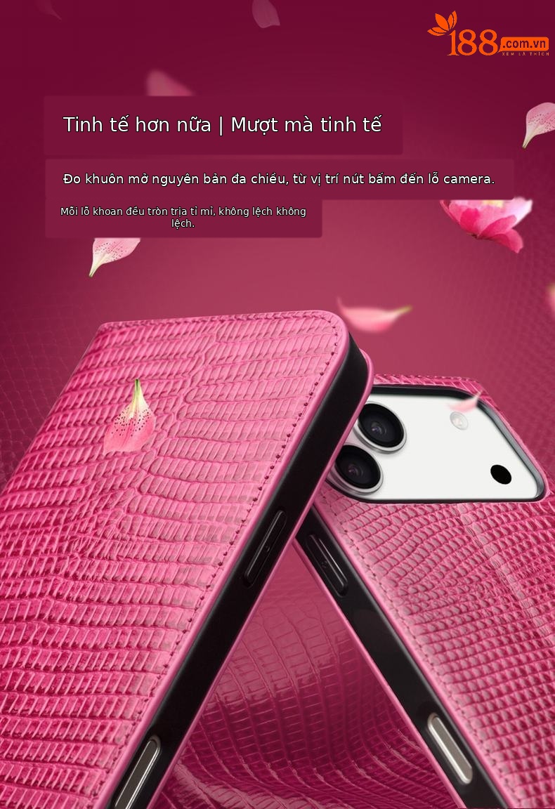 Ốp lưng da thật Qiali cho iPhone 17 Pro Max dạng flip chống rơi, bảo vệ thẻ — iPhone17 cá sấu không khí hoa hồng đỏ chi tiết 9