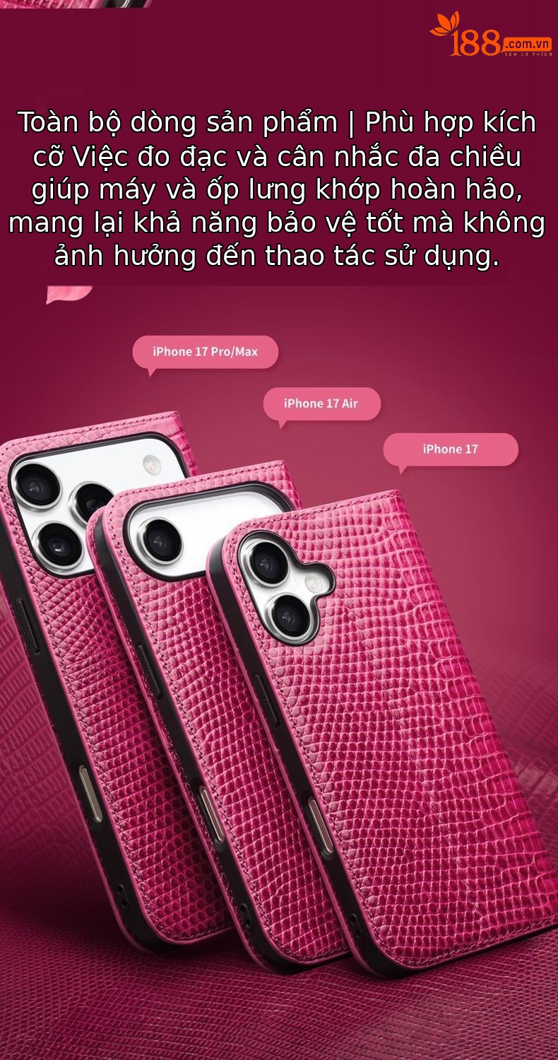 Ốp lưng da thật Qiali cho iPhone 17 Pro Max dạng flip chống rơi, bảo vệ thẻ — iPhone17 cá sấu không khí hoa hồng đỏ chi tiết 10