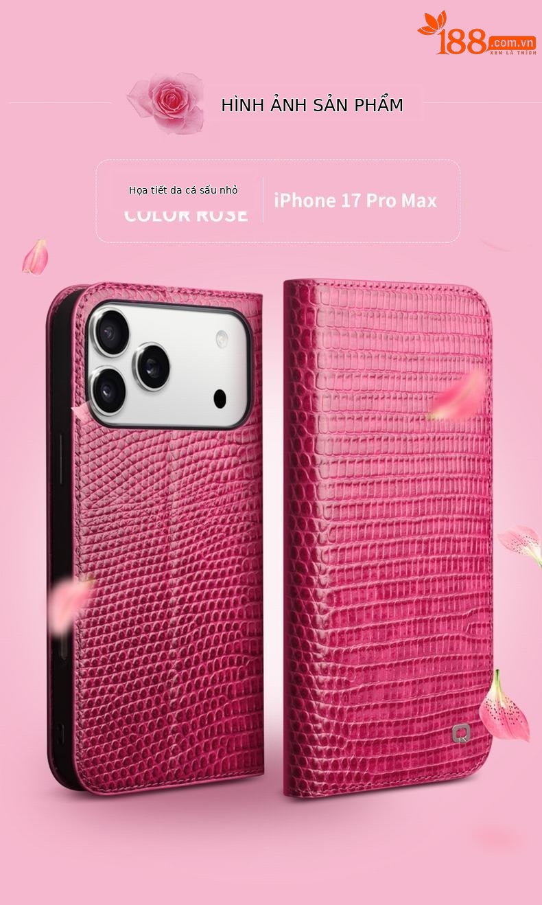 Ốp lưng da thật Qiali cho iPhone 17 Pro Max dạng flip chống rơi, bảo vệ thẻ — iPhone17 cá sấu không khí hoa hồng đỏ chi tiết 11