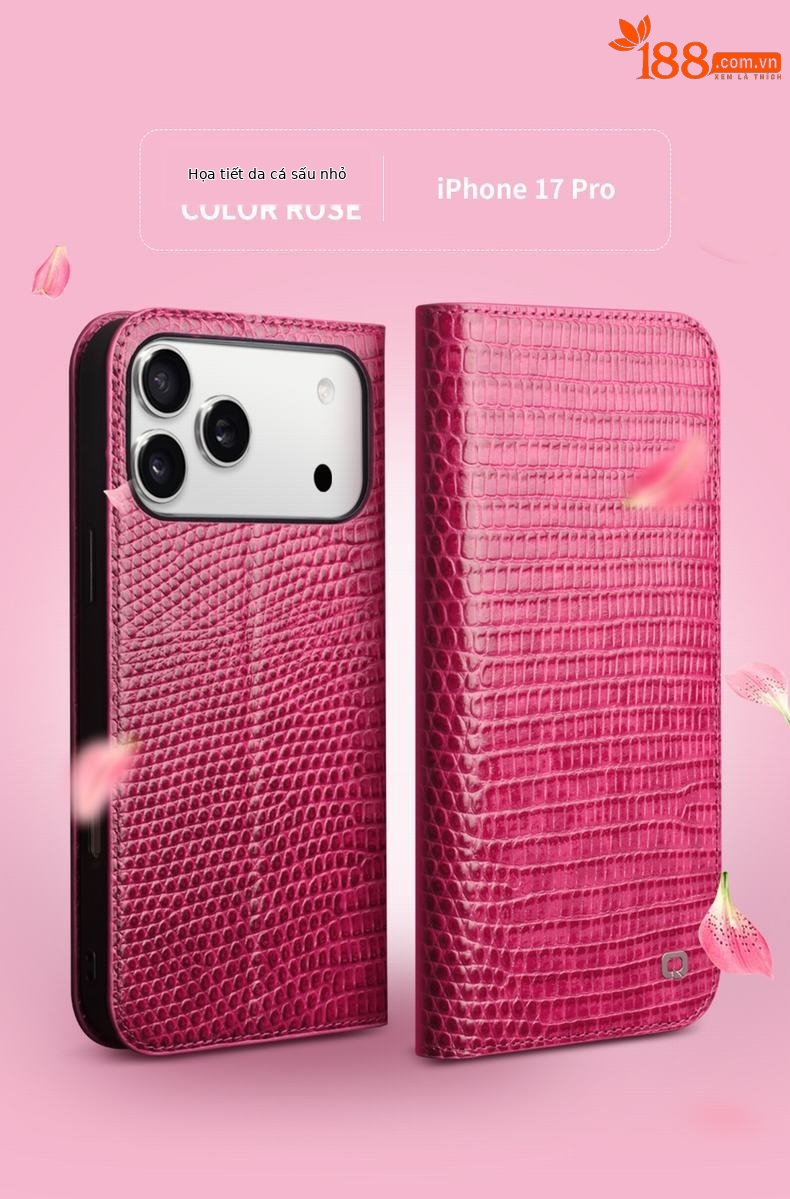 Ốp lưng da thật Qiali cho iPhone 17 Pro Max dạng flip chống rơi, bảo vệ thẻ — iPhone17 cá sấu không khí hoa hồng đỏ chi tiết 12