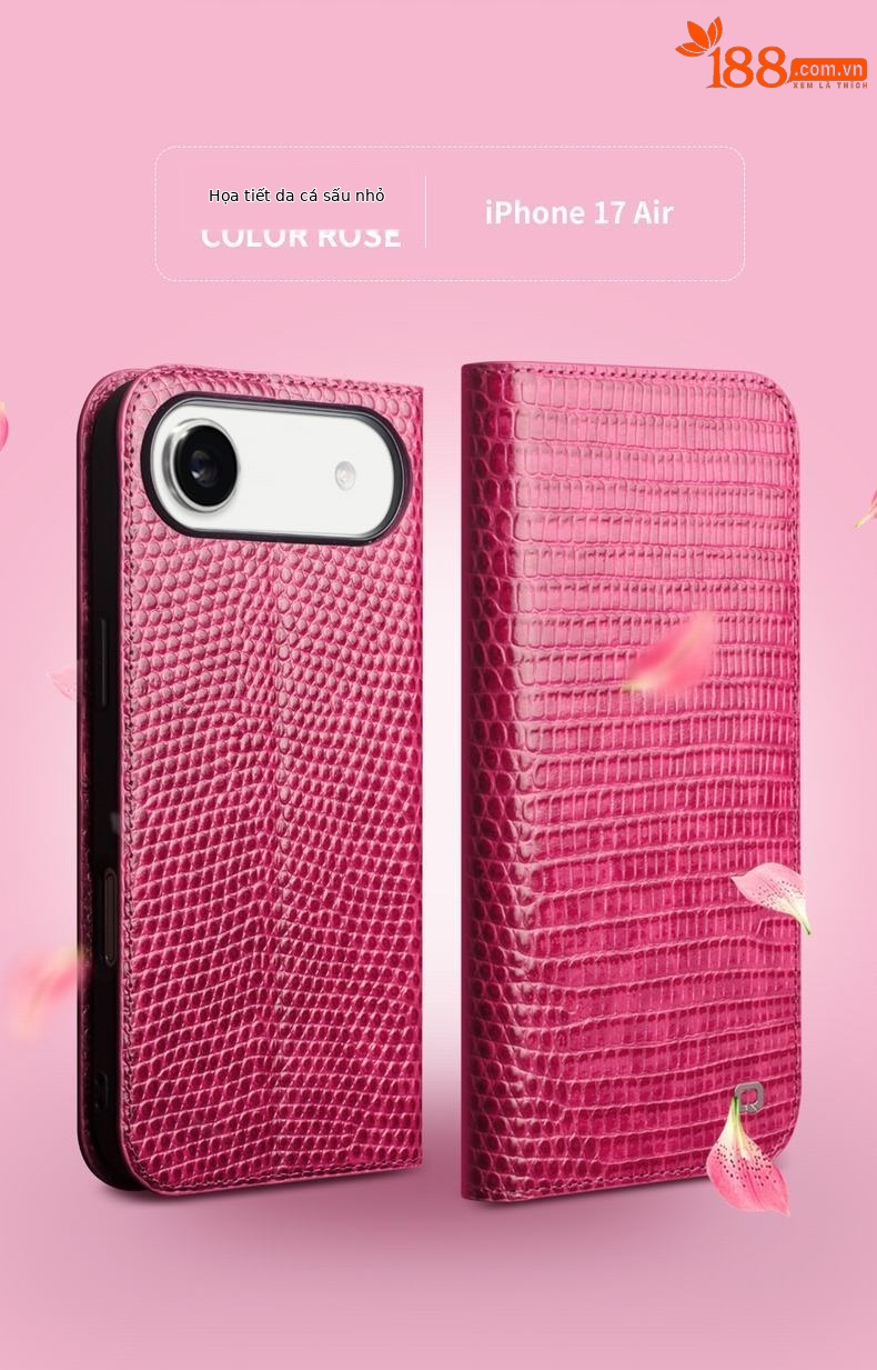 Ốp lưng da thật Qiali cho iPhone 17 Pro Max dạng flip chống rơi, bảo vệ thẻ — iPhone17 cá sấu không khí hoa hồng đỏ chi tiết 13