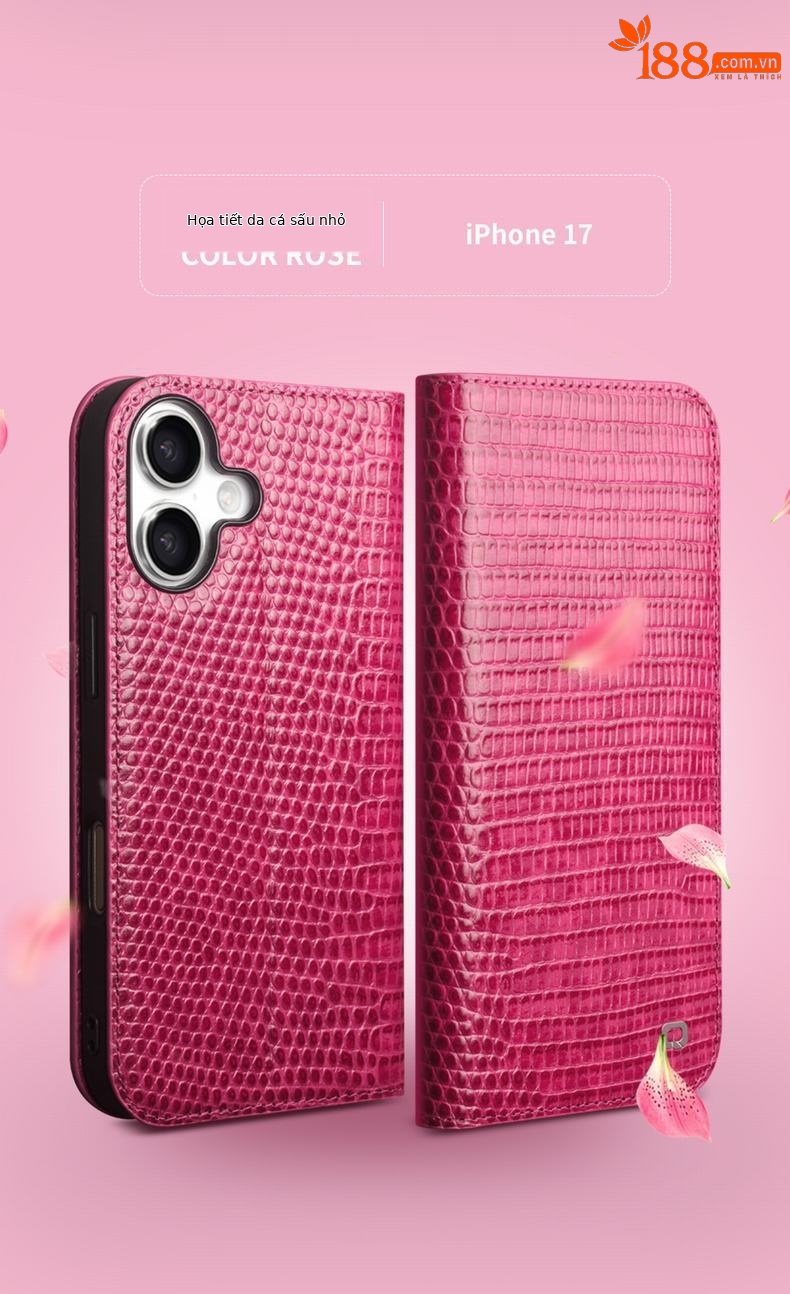 Ốp lưng da thật Qiali cho iPhone 17 Pro Max dạng flip chống rơi, bảo vệ thẻ — iPhone17 cá sấu không khí hoa hồng đỏ chi tiết 14
