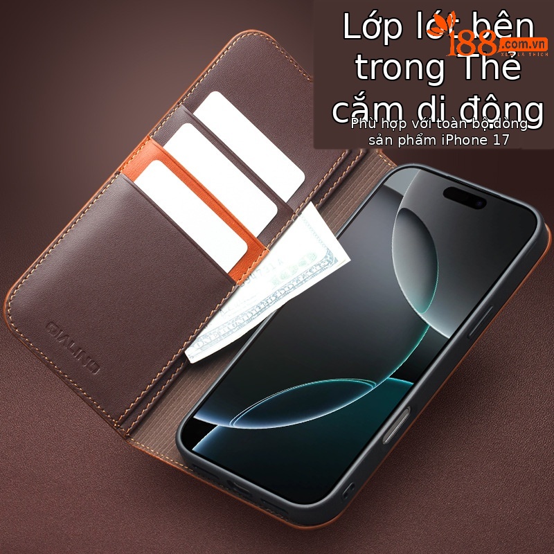 Ốp lưng da thật Qiali cho iPhone 17 Pro Max, dạng gập bảo vệ toàn diện, chống rơi, có khe đựng thẻ — iPhone17 pro max classic thế hệ thứ hai màu nâu, iPhone17 pro max classic thế hệ thứ hai màu đen, iPhone17 pro max classic thế hệ thứ hai màu đỏ, iPhone17 pro classic thế hệ thứ hai màu nâu