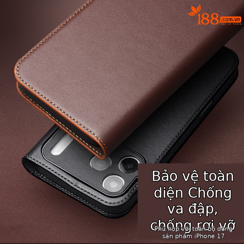 Ốp lưng da thật Qiali cho iPhone 17 Pro Max, dạng gập bảo vệ toàn diện, chống rơi, có khe đựng thẻ — iPhone17 pro max classic thế hệ thứ hai màu nâu, iPhone17 pro max classic thế hệ thứ hai màu đen, iPhone17 pro max classic thế hệ thứ hai màu đỏ, iPhone17 pro classic thế hệ thứ hai màu nâu