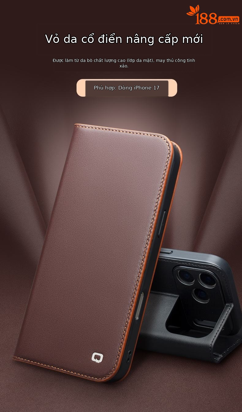Ốp lưng da thật Qiali cho iPhone 17 Pro Max, dạng gập bảo vệ toàn diện, chống rơi, có khe đựng thẻ — iPhone17 pro max classic thế hệ thứ hai màu nâu, iPhone17 pro max classic thế hệ thứ hai màu đen, iPhone17 pro max classic thế hệ thứ hai màu đỏ, iPhone17 pro classic thế hệ thứ hai màu nâu chi tiết 1