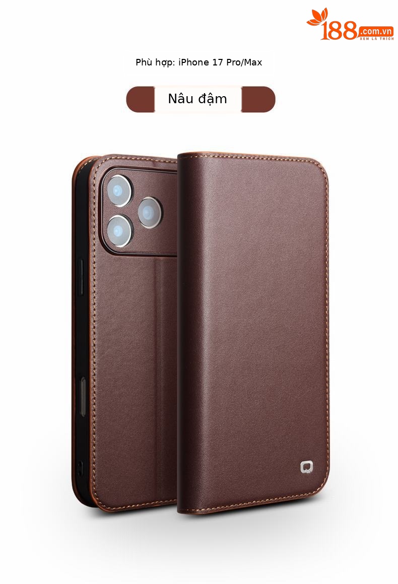 Ốp lưng da thật Qiali cho iPhone 17 Pro Max, dạng gập bảo vệ toàn diện, chống rơi, có khe đựng thẻ — iPhone17 pro max classic thế hệ thứ hai màu nâu, iPhone17 pro max classic thế hệ thứ hai màu đen, iPhone17 pro max classic thế hệ thứ hai màu đỏ, iPhone17 pro classic thế hệ thứ hai màu nâu chi tiết 10