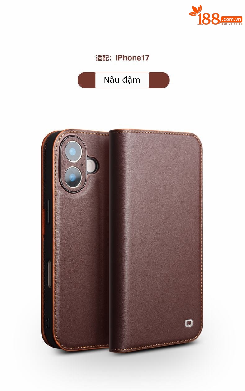 Ốp lưng da thật Qiali cho iPhone 17 Pro Max, dạng gập bảo vệ toàn diện, chống rơi, có khe đựng thẻ — iPhone17 pro max classic thế hệ thứ hai màu nâu, iPhone17 pro max classic thế hệ thứ hai màu đen, iPhone17 pro max classic thế hệ thứ hai màu đỏ, iPhone17 pro classic thế hệ thứ hai màu nâu chi tiết 14