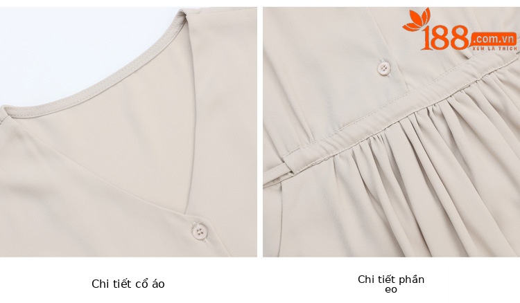Váy maxi nữ cổ V thắt eo phong cách thanh lịch — Màu mơ gạo chi tiết 4