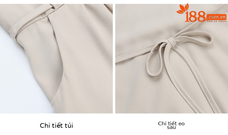 Váy maxi nữ cổ V thắt eo phong cách thanh lịch — Màu mơ gạo chi tiết 5