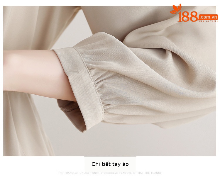 Váy maxi nữ cổ V thắt eo phong cách thanh lịch — Màu mơ gạo chi tiết 7