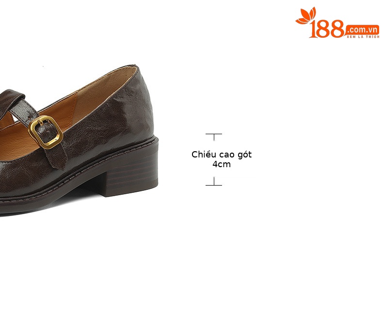 Giày Mary Jane nữ da cừu quai chữ T, gót vừa, mũi tròn, phong cách retro — màu nâu chi tiết 3