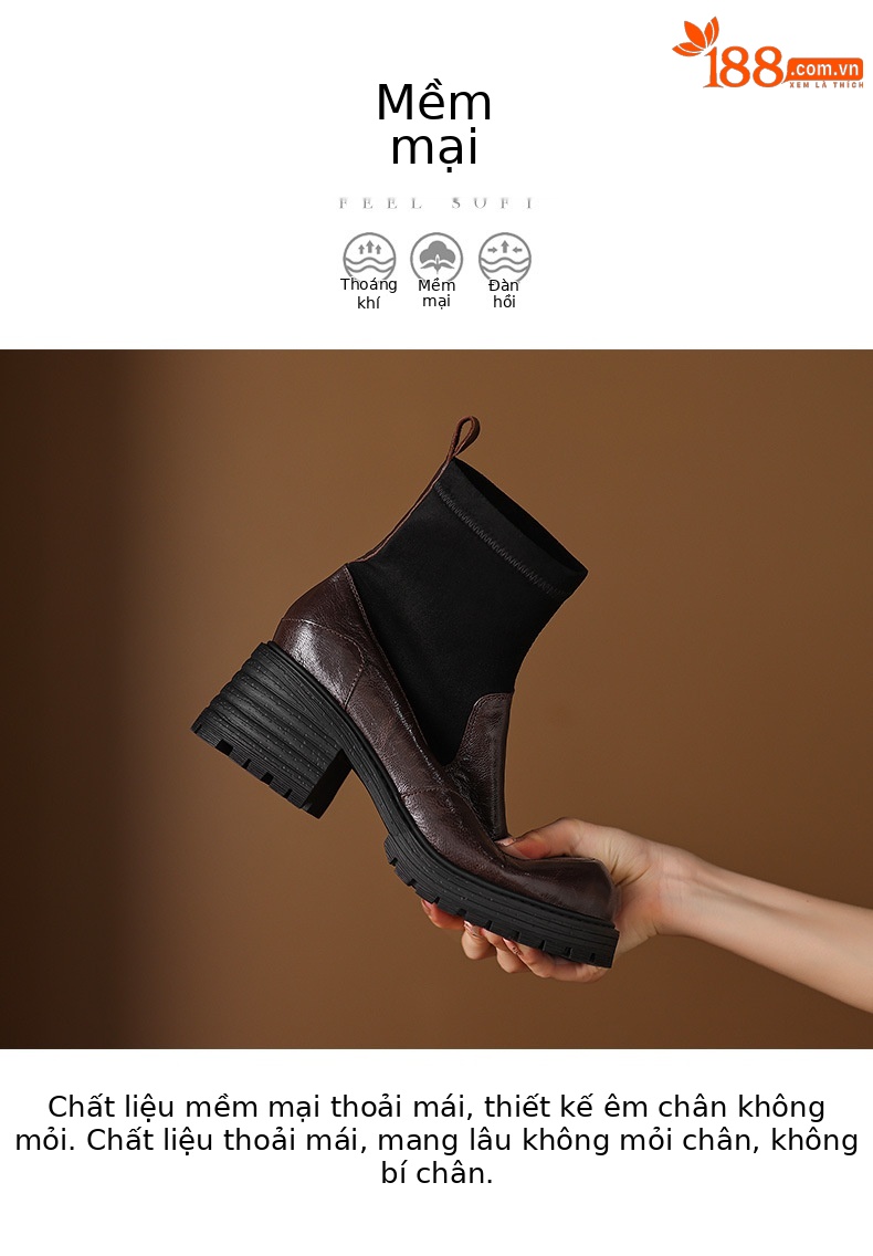 Boot cổ ngắn cao gót đế dày mũi tròn phong cách retro thu đông 2025, phối dệt kim, gót thô ôm chân — nhung đen, Nhung nâu, Lớp lót đơn màu đen, Lớp lót đơn màu nâu chi tiết 21