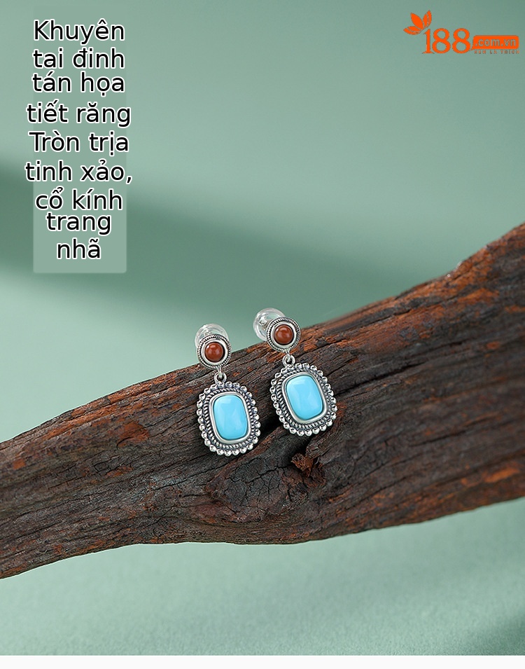 Bông tai bạc S925 hình vuông đính đá mã não đỏ phong cách retro — một cặp chi tiết 1