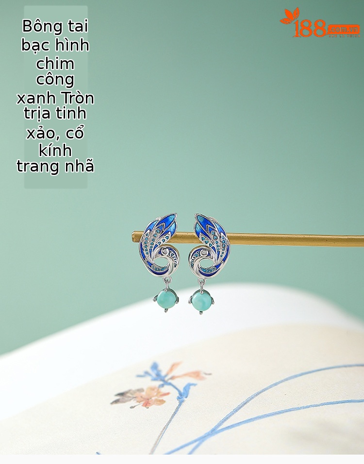 Bông tai bạc S925 hình con công đính đá xanh ngọc phong cách retro — một cặp chi tiết 1