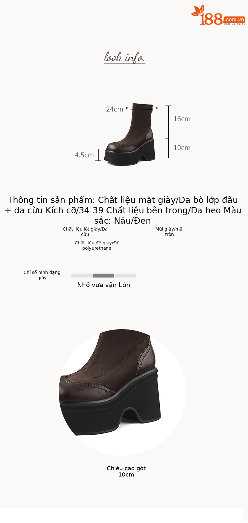 Boot nữ mùa thu đông 2025 đế dày tăng chiều cao, dáng ngắn phối da lộn và da bóng, gót 6 cm — đen, nâu sẫm chi tiết 3