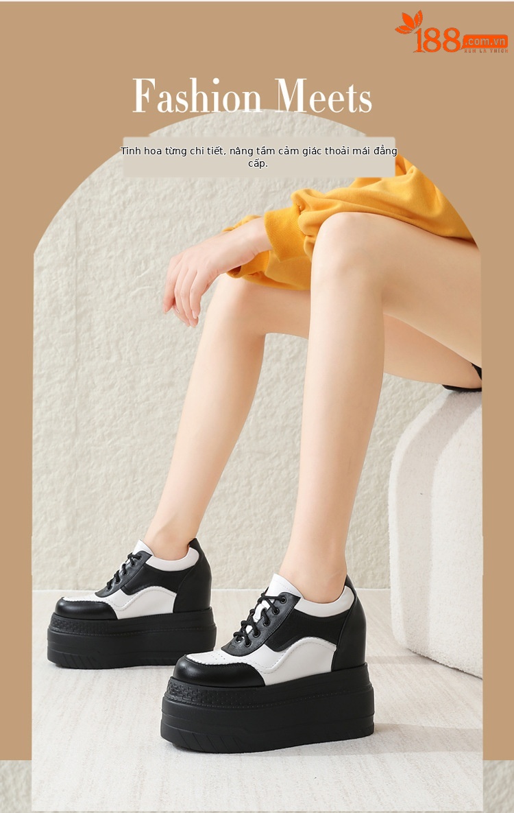 Giày trắng da thật tăng chiều cao 12cm, đế xuồng platform đa năng — Trắng đen-10 chi tiết 1