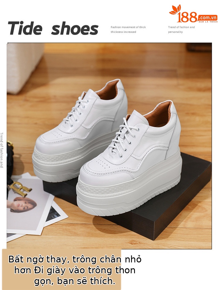 Giày trắng da thật tăng chiều cao 12cm, đế xuồng platform đa năng — Trắng đen-10 chi tiết 2