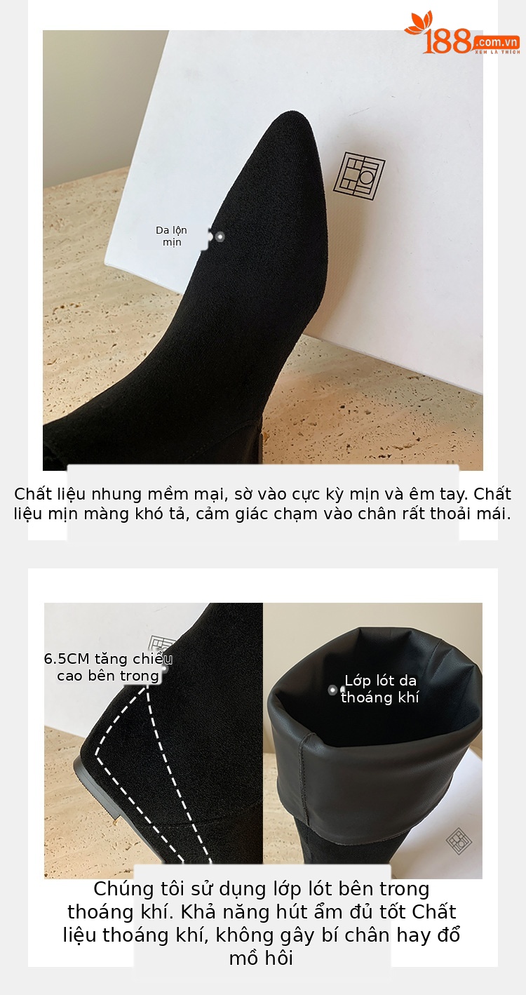 Boot nữ cao cổ mũi nhọn tăng chiều cao đế xuồng da lộn thu đông 2025 — Lớp lót đơn màu mơ, Lớp lót nhung đen, Lớp lót nhung màu mơ, Nhung nâu chi tiết 9
