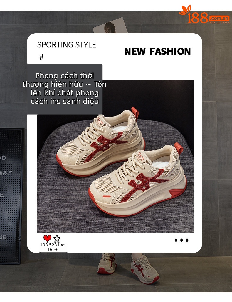 Giày sneaker nữ đế dày lưới mesh thoáng khí mẫu mới thu 2026 — M2916-1 da đỏ, M2916 lưới màu be, M2916-1 da màu vàng, M2916 lưới đỏ chi tiết 3