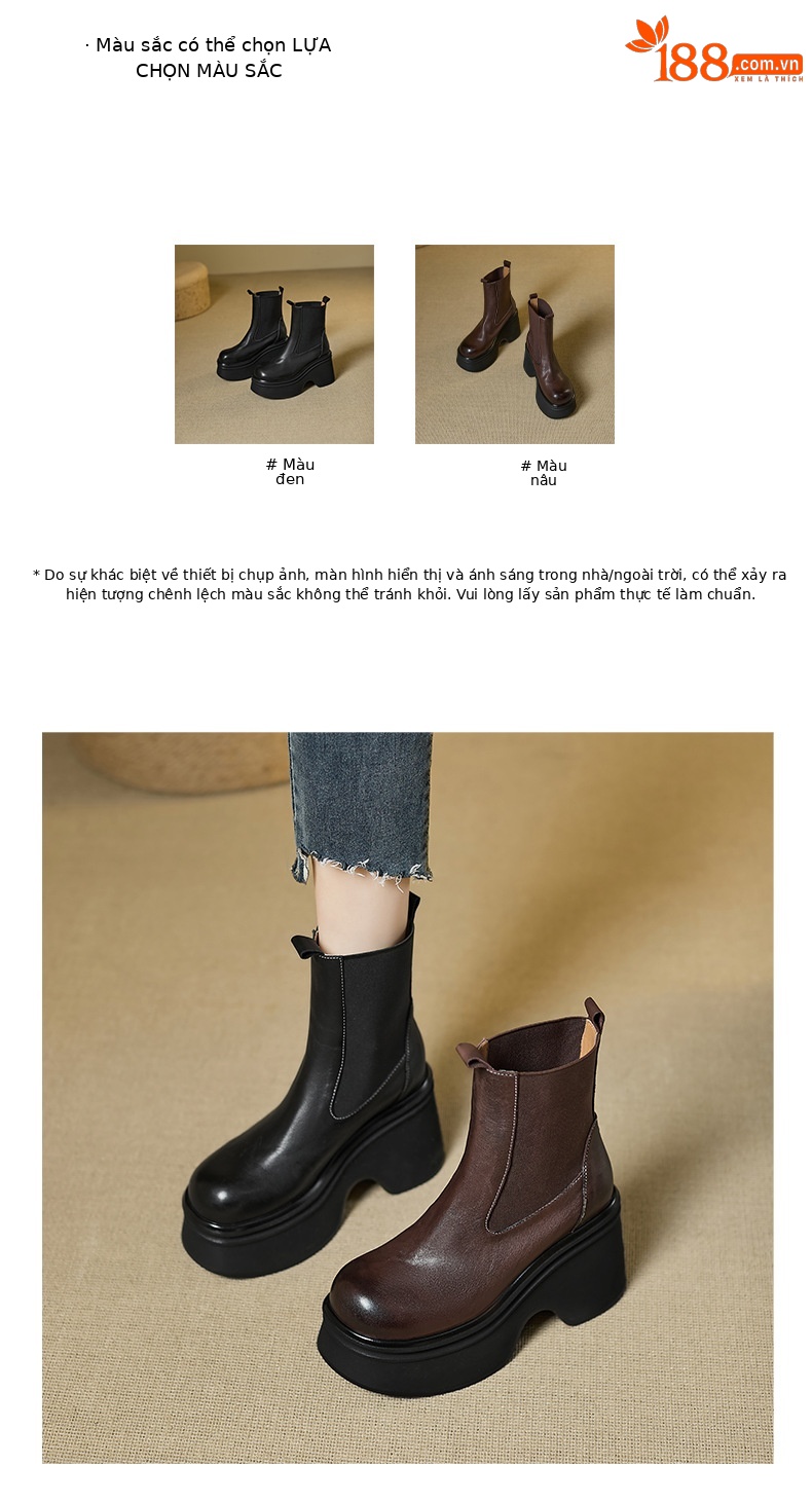 Boot Chelsea nữ da bò mũi tròn đế nêm siêu cao gót cổ ngắn mùa thu đông — Lớp lót nhung đen, đen, Lớp lót nhung màu nâu, nâu chi tiết 2