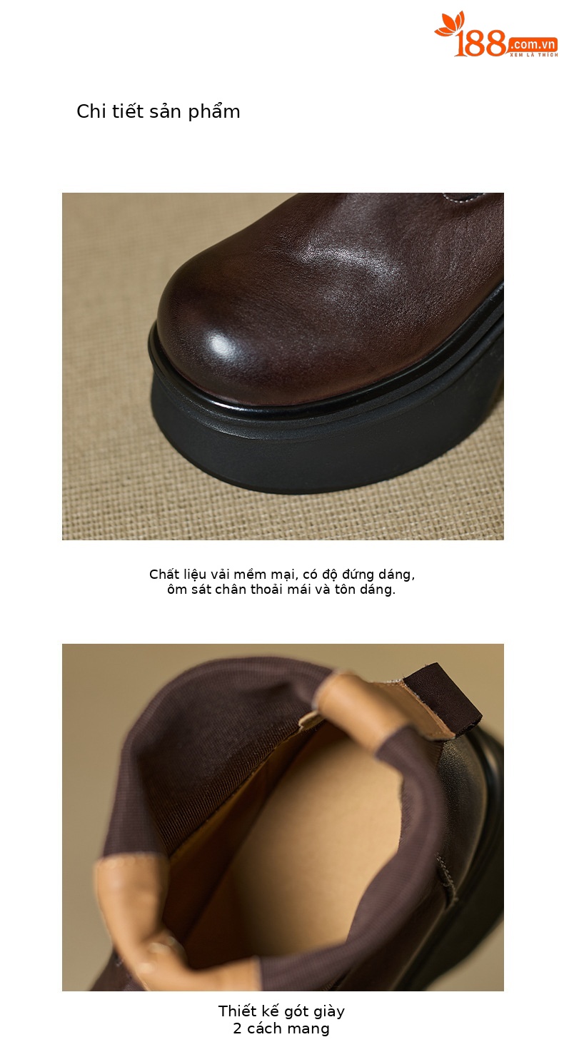 Boot Chelsea nữ da bò mũi tròn đế nêm siêu cao gót cổ ngắn mùa thu đông — Lớp lót nhung đen, đen, Lớp lót nhung màu nâu, nâu chi tiết 3