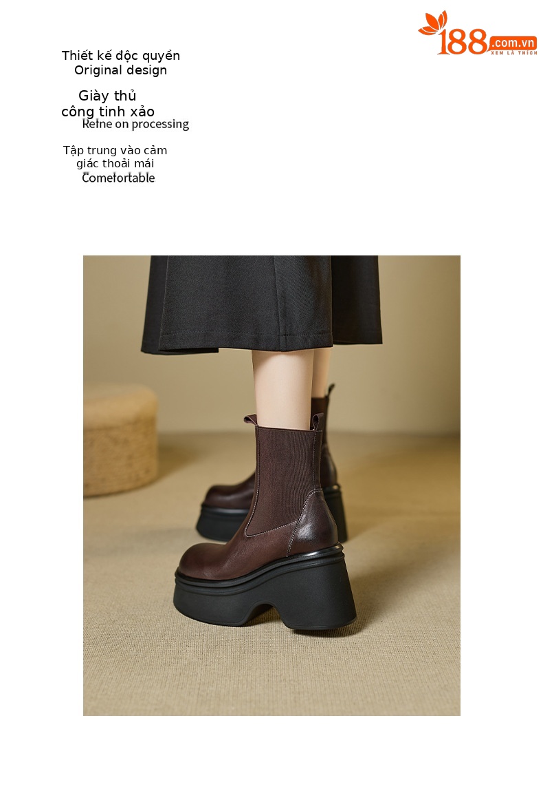 Boot Chelsea nữ da bò mũi tròn đế nêm siêu cao gót cổ ngắn mùa thu đông — Lớp lót nhung đen, đen, Lớp lót nhung màu nâu, nâu chi tiết 6