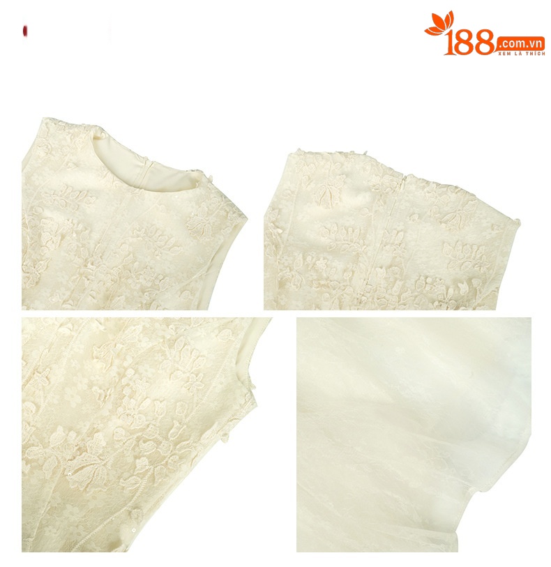 Váy cổ tích nữ cổ tròn thắt eo ren lưới không tay phong cách Pháp — mơ chi tiết 3
