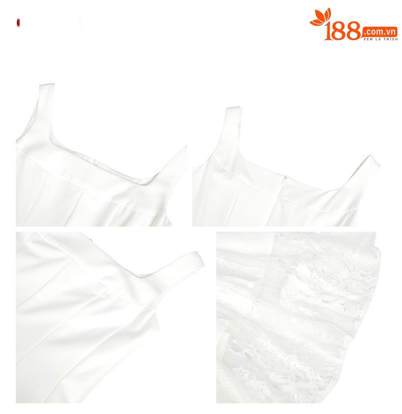 Đầm maxi nữ cổ vuông kiểu Pháp eo thiết kế phối ren vạt rộng dây đeo — trắng chi tiết 2