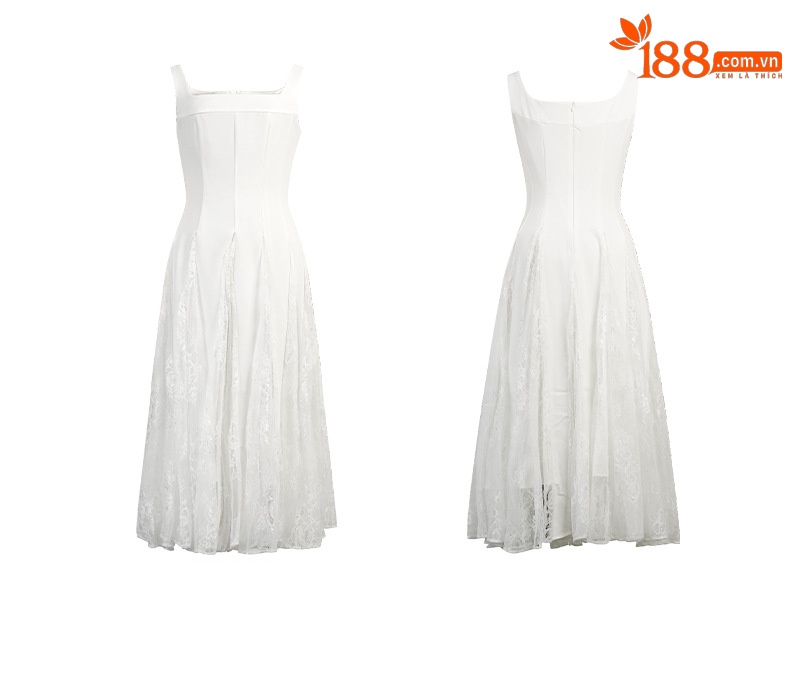 Đầm maxi nữ cổ vuông kiểu Pháp eo thiết kế phối ren vạt rộng dây đeo — trắng chi tiết 3