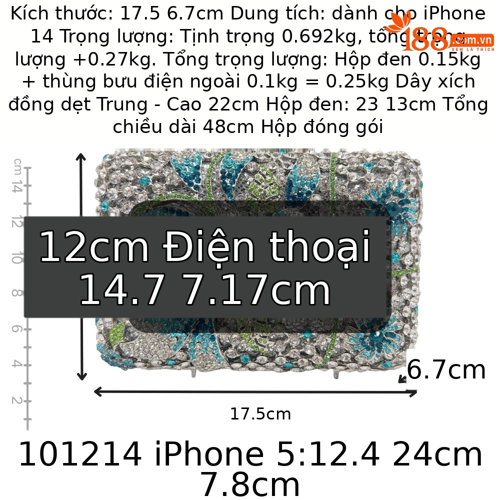 Túi clutch nữ đính đá dạ hội cầm tay họa tiết hoa kim cương — màu xanh bạc chi tiết 1