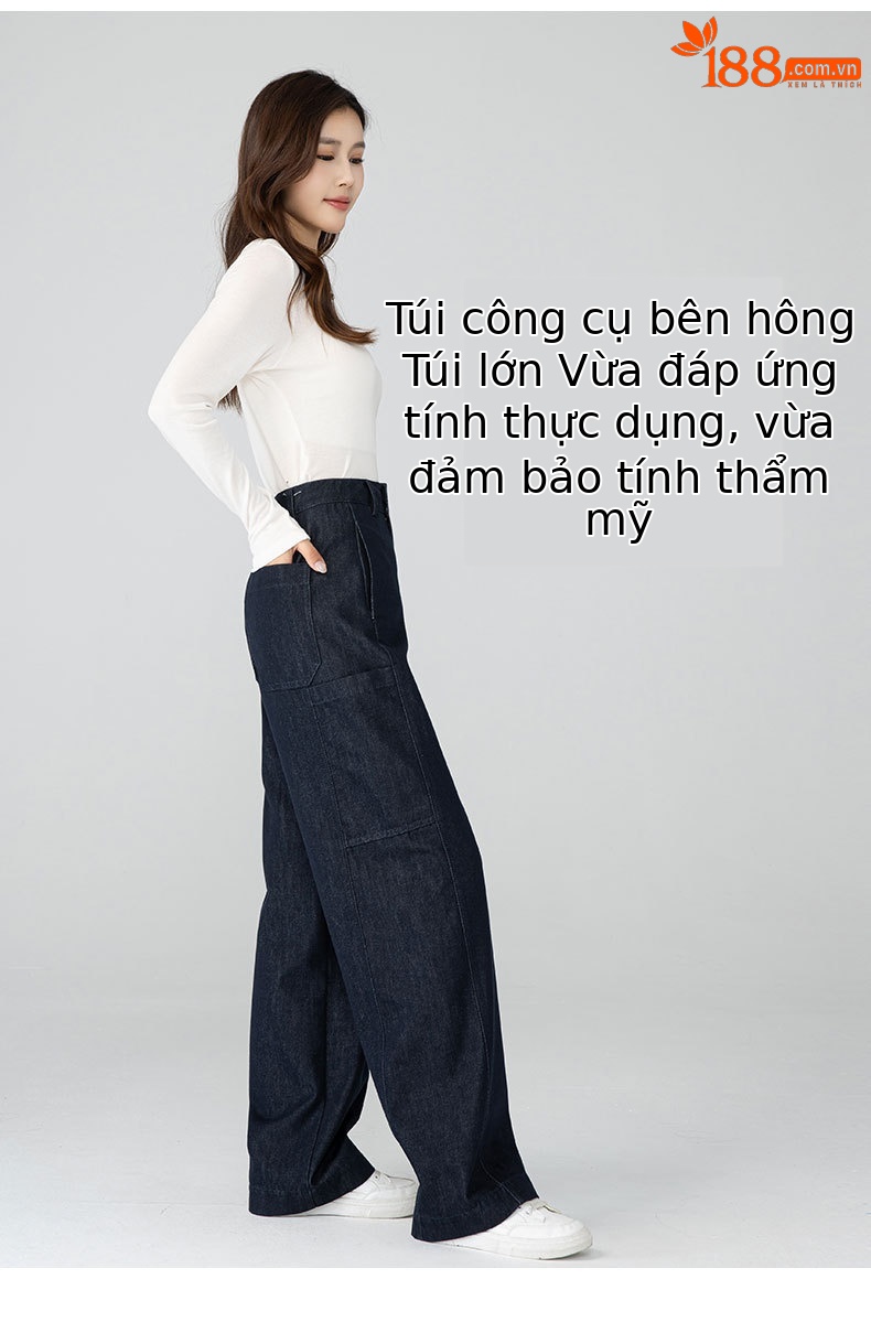 Quần jean ống rộng nữ dáng rộng cạp cao chất Modal mềm mại — màu xanh chi tiết 10