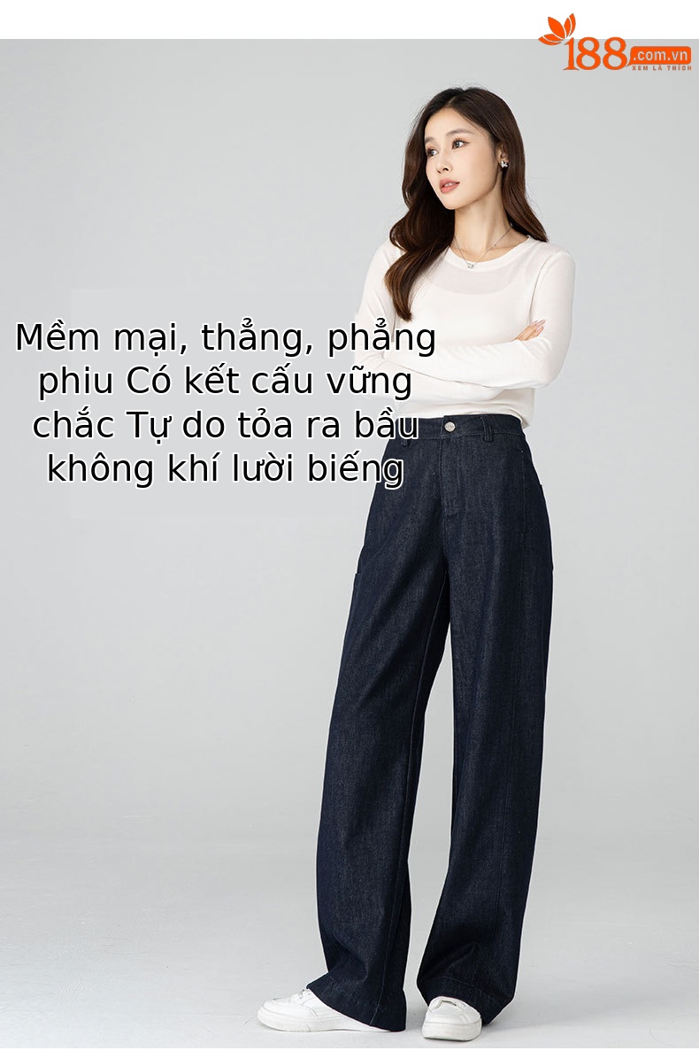 Quần jean ống rộng nữ dáng rộng cạp cao chất Modal mềm mại — màu xanh chi tiết 12