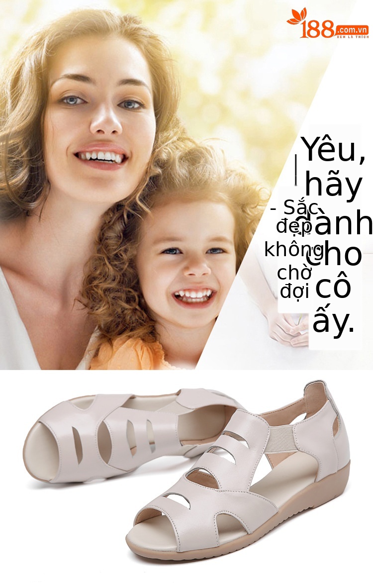 Sandal da thật đế bệt miệng cá mùa hè cho nữ trung niên — màu be chi tiết 1