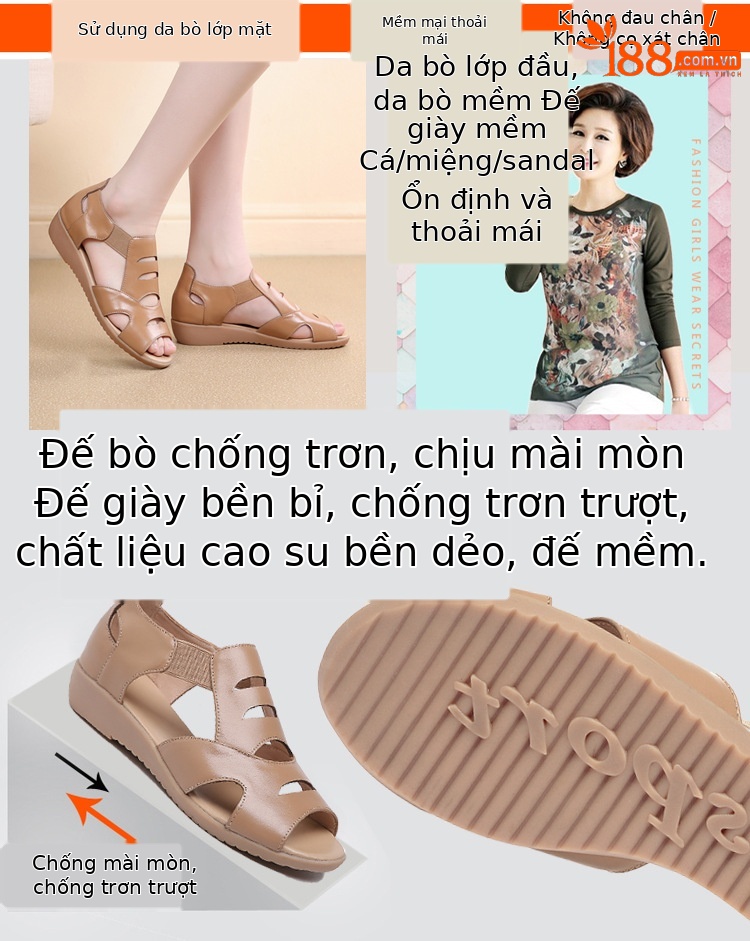 Sandal da thật đế bệt miệng cá mùa hè cho nữ trung niên — màu be chi tiết 2