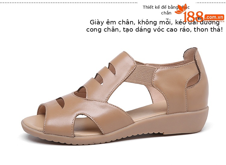 Sandal da thật đế bệt miệng cá mùa hè cho nữ trung niên — màu be chi tiết 5
