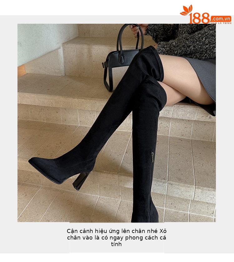 Boot nữ cổ cao quá gối mũi nhọn gót vuông 9cm da lộn co giãn phong cách Hàn Quốc — đen, mơ chi tiết 8