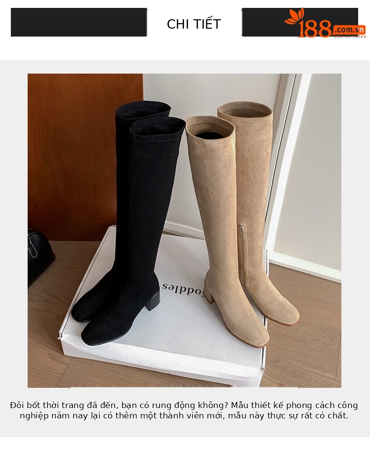 Boot nữ cổ cao ôm chân co giãn da lộn gót cao 9 cm — đen, mơ chi tiết 5