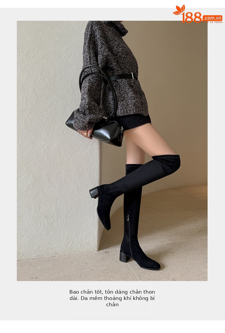 Boot nữ cổ cao ôm chân co giãn da lộn gót cao 9 cm — đen, mơ chi tiết 6