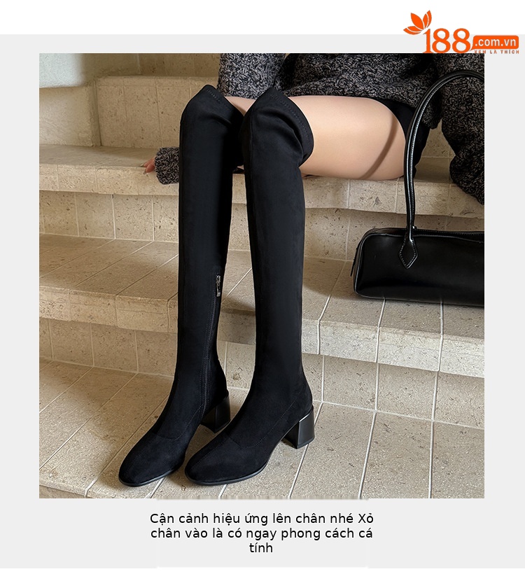 Boot nữ cổ cao ôm chân co giãn da lộn gót cao 9 cm — đen, mơ chi tiết 8