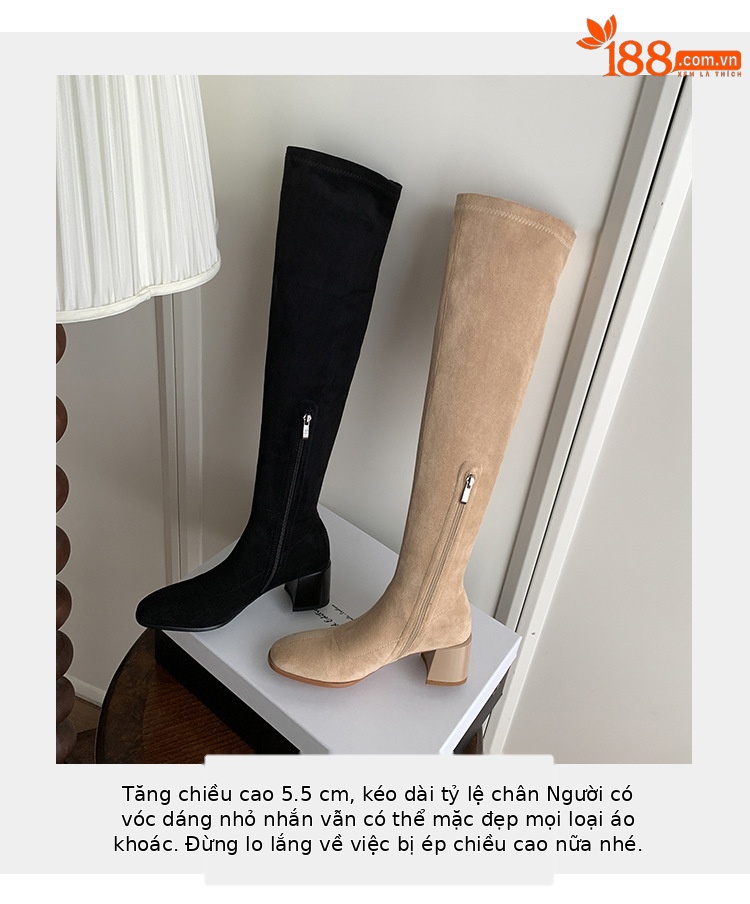 Boot nữ cổ cao ôm chân co giãn da lộn gót cao 9 cm — đen, mơ chi tiết 9