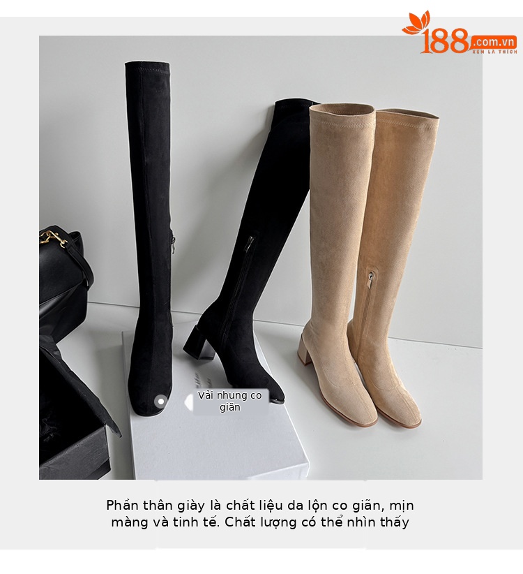Boot nữ cổ cao ôm chân co giãn da lộn gót cao 9 cm — đen, mơ chi tiết 12