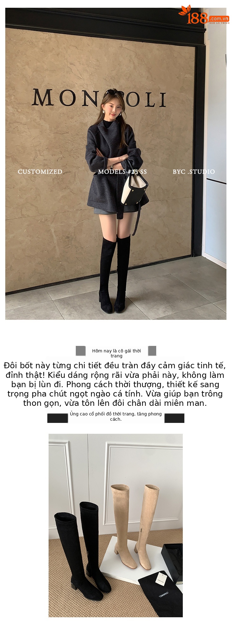 Boot nữ cổ cao ôm chân co giãn da lộn gót cao 9 cm — đen, mơ chi tiết 2