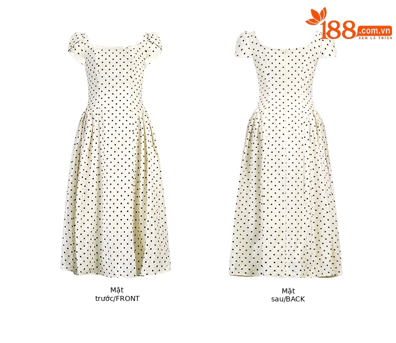 Váy dài chấm bi cổ vuông retro thắt eo viền rộng 2026 — mơ chi tiết 3