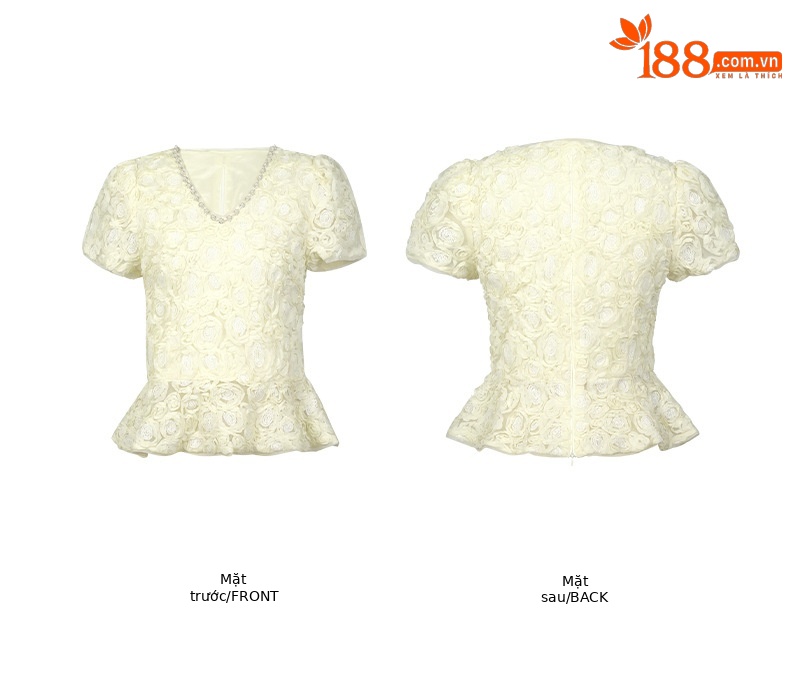 Áo ren nữ cổ chữ V đính kim cương thắt eo xếp nếp — mơ chi tiết 3