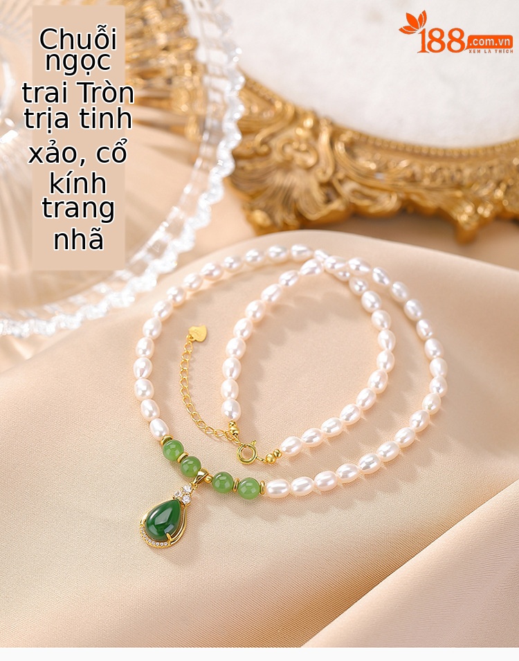Vòng cổ bạc S925 mạ vàng đính ngọc trai nước ngọt và ngọc Hetian Jasper hình giọt nước — Mẫu bạc chi tiết 1