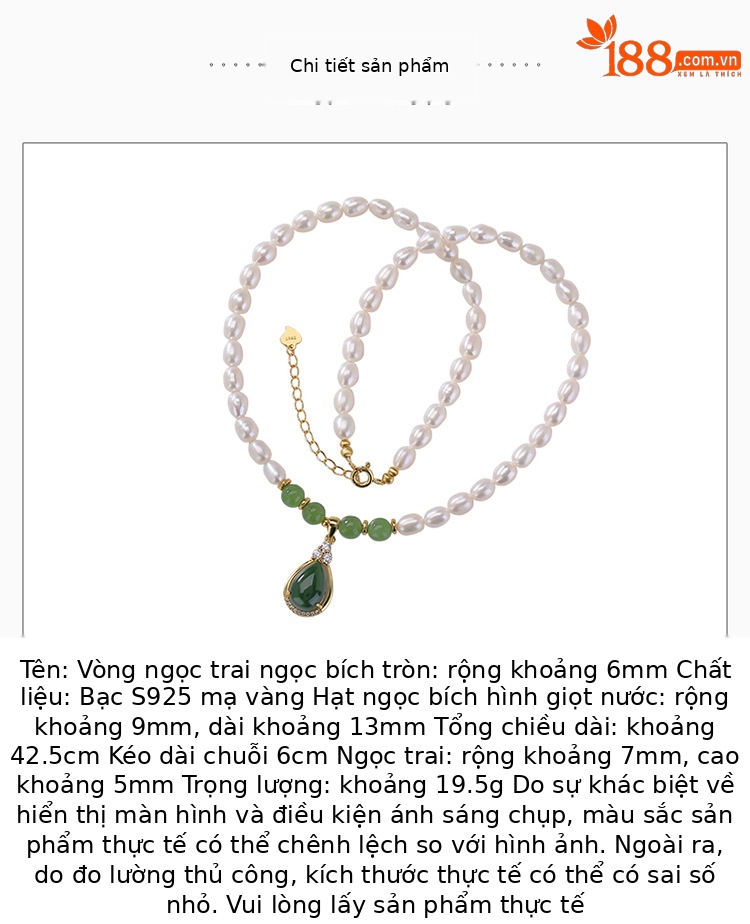 Vòng cổ bạc S925 mạ vàng đính ngọc trai nước ngọt và ngọc Hetian Jasper hình giọt nước — Mẫu bạc chi tiết 2