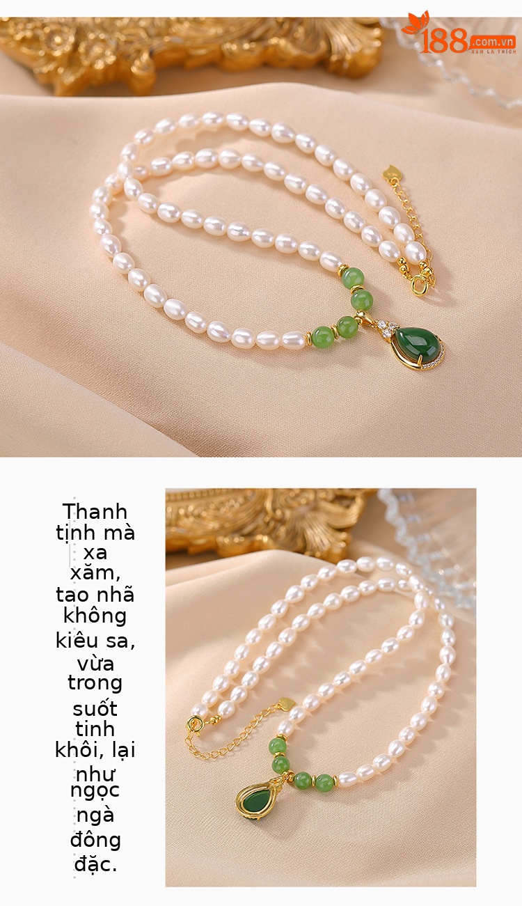 Vòng cổ bạc S925 mạ vàng đính ngọc trai nước ngọt và ngọc Hetian Jasper hình giọt nước — Mẫu bạc chi tiết 3