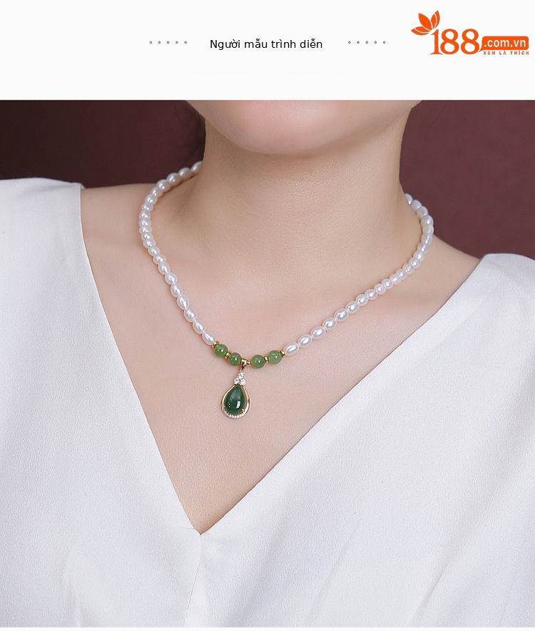 Vòng cổ bạc S925 mạ vàng đính ngọc trai nước ngọt và ngọc Hetian Jasper hình giọt nước — Mẫu bạc chi tiết 6